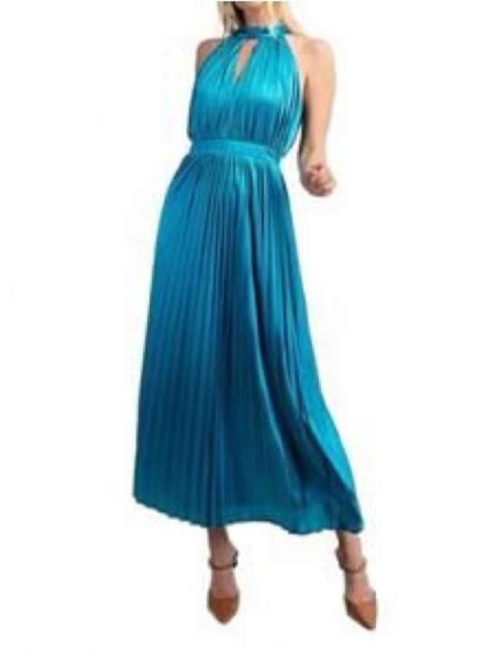 glam Dresses & Skirts - Glam Blue Pleated Maxi Sundress with Halter Neckline for Wedding Guest